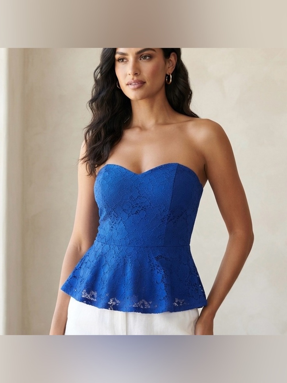 Ambiance Royal Blue Lace Peplum Strapless Top with Sweetheart Neckline Size L